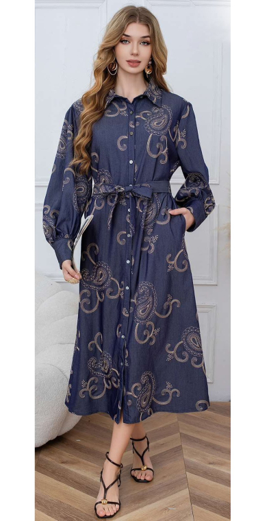 Γυναικείο Τζιν Μίντι Φόρεμα με Κεντημένα Σχέδια Paisley και Ζώνη σε Σκούρο Μπλε-DJ255