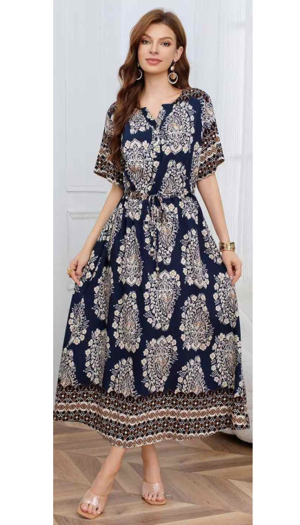 Γυναικείο Μάξι Φόρεμα με Paisley Μοτίβο, V-λαιμόκοψη και Διακοσμητική Τρέσα σε Μπλε Σκούρο-DJ276