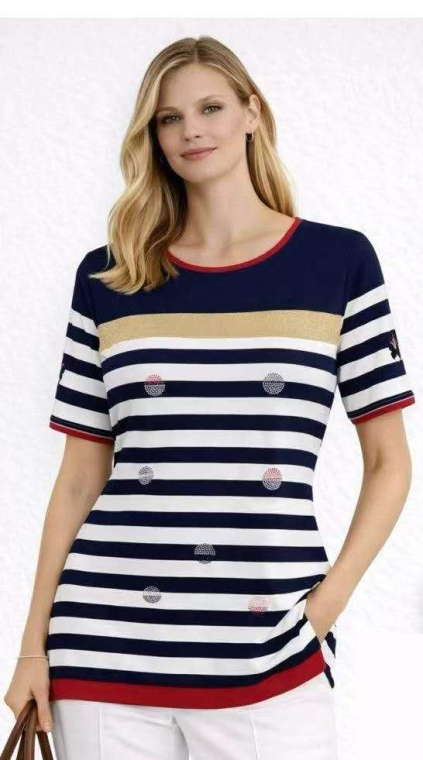 Γυναικεία Ριγέ Μπλούζα με Μεταλλιζέ Χρυσή Λεπτομέρεια, Στρογγυλή Λαιμόκοψη και Κεντημένα Σχέδια σε Μπλε-Λευκό-LC6165