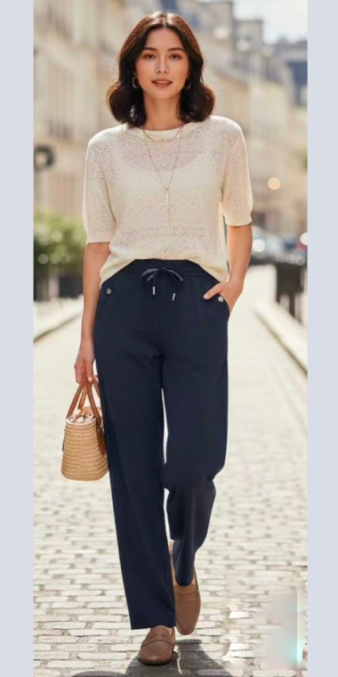 Γυναικείο Υφασμάτινο Παντελόνι σε Ίσια Γραμμή με Ελαστική Μέση, Κορδόνι και Διακοσμητικά Κουμπιά σε Μπλε Σκούρο-R2712