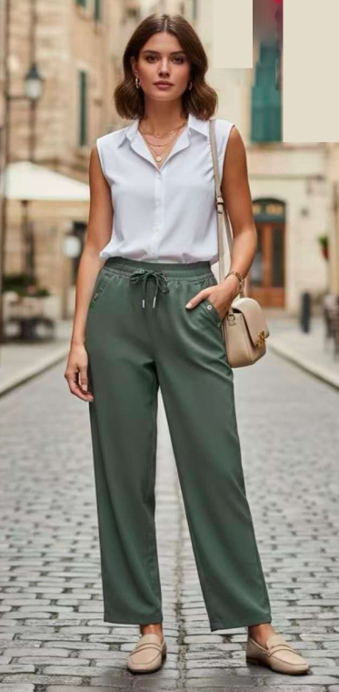 Γυναικείο Υφασμάτινο Παντελόνι σε Ίσια Γραμμή με Λάστιχο στη Μέση και Κορδόνι σε Χακί Χρώμα-R2701