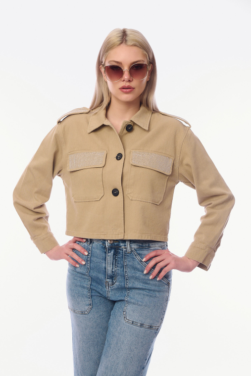 Γυναικείο Κοντό Τζιν Σακάκι σε Μπεζ Χρώμα με Διακοσμητικά Στρας στις Τσέπες και Επωμίδες-3364