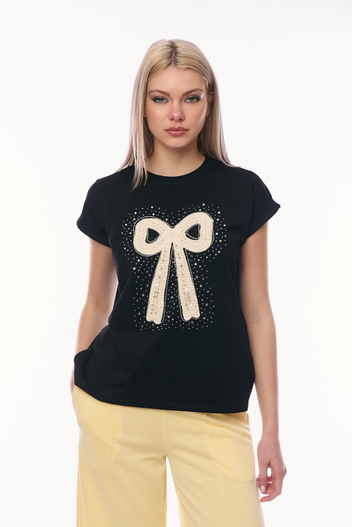 Γυναικείο T-shirt με Μεγάλο Σχέδιο Φιόγκο από Πέρλες και Διακοσμητικά Στρας-K758