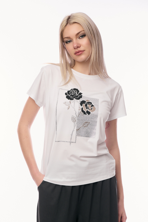 Γυναικείο Λευκό T-shirt με Σχέδιο Μαύρα Τριαντάφυλλα και Διακοσμητικό Ασημί Glitter-4469