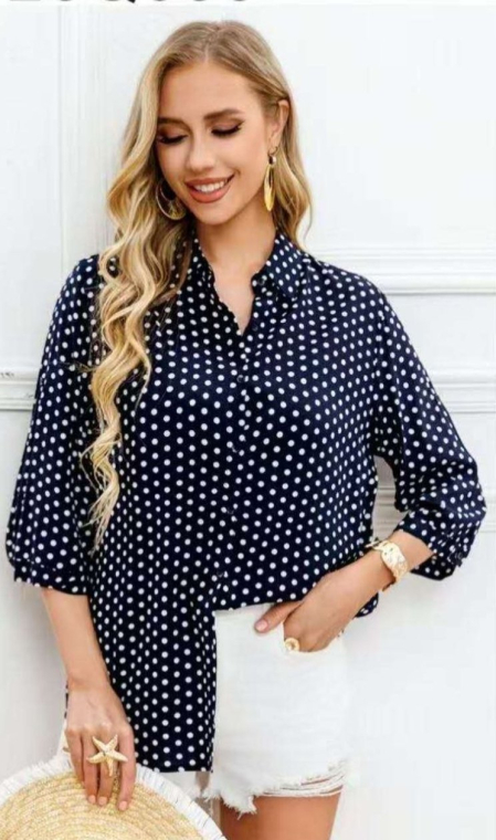 Γυναικείο Πουκάμισο σε Μπλε Σκούρο Χρώμα με Λευκό Πουά Μοτίβο και Μανίκια 3/4-25Q033