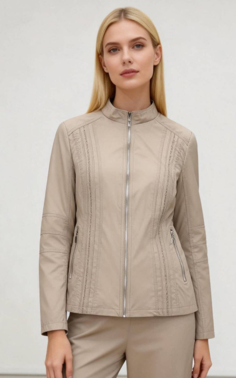 Γυναικείο Μπεζ Τζάκετ από Οικολογικό Δέρμα με Όρθιο Γιακά, Zip Details και Διακοσμητικές Γαζώσεις-4471