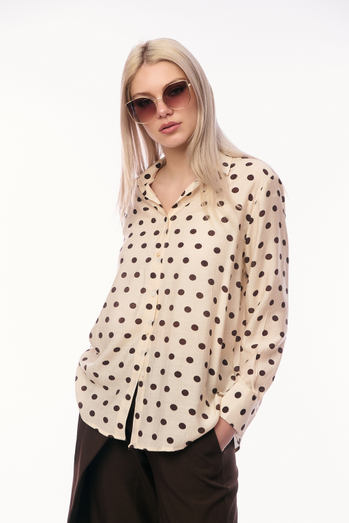 Γυναικείο Μπεζ Πουκάμισο με Μεγάλο Πουά Σχέδιο και Μακριά Μανίκια σε Άνετη Γραμμή-C7009