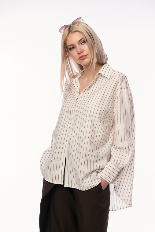Γυναικείο Πουκάμισο σε Κρεμ Απόχρωση με Λεπτή Καφέ Ρίγα, Oversized Γραμμή και Ασύμμετρο Τελείωμα-CL119