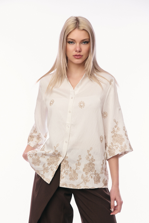 Λευκό Πουκάμισο με Ανάγλυφα Χρυσά Floral Κεντήματα και 3/4 Μανίκια-DJ303B