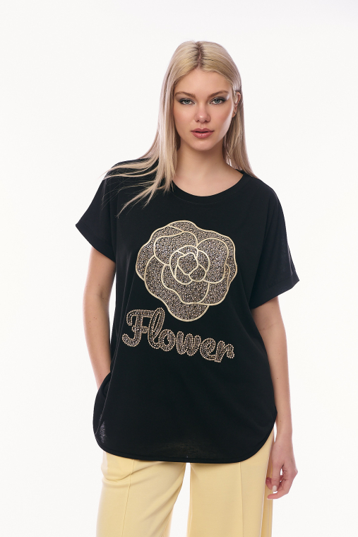 Γυναικείο Μαύρο T-shirt με Μεγάλο Σχέδιο Λουλούδι από Χρυσά Στρας και τη Λέξη Flower-4476
