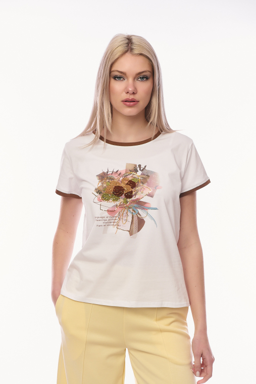 Γυναικείο Λευκό T-shirt με Κεντημένη Ανθοδέσμη, 3D Λεπτομέρειες και Καφέ Ρέλι-8805