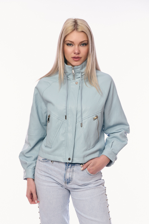 Γυναικείο Γαλάζιο Bomber Jacket από Οικολογικό Δέρμα με Φερμουάρ, Τσέπες και Λάστιχο στη Μέση-S-5691B