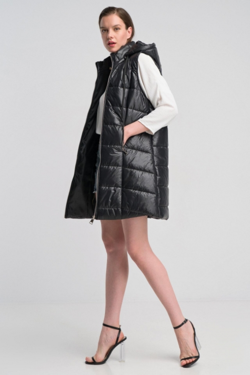 Γυναικείο Μακρύ Καπιτονέ Αμάνικο Μπουφάν με Κουκούλα και Πλαϊνές Τσέπες-H1281PLUS