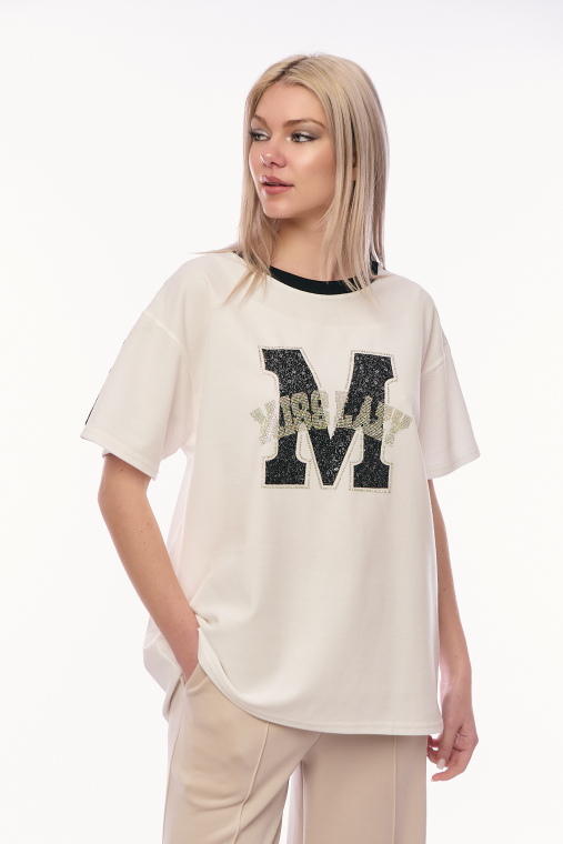 Γυναικείο Εκρού Oversized T-shirt με Κεντημένο Μονόγραμμα 