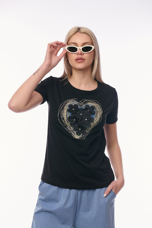 Μαύρο T-shirt με Καρδιά από Χρυσές Κλωστές & 3D Λουλούδια-RJ78008