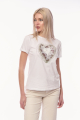 Λευκό με Καφέ T-shirt με Καρδιά από Χρυσές Κλωστές & 3D Λουλούδια-RJ78008B
