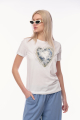 Λευκό με Μπλε T-shirt με Καρδιά από Χρυσές Κλωστές & 3D Λουλούδια-RJ78008G