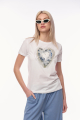 Λευκό με Μπλε T-shirt με Καρδιά από Χρυσές Κλωστές & 3D Λουλούδια-RJ78008G