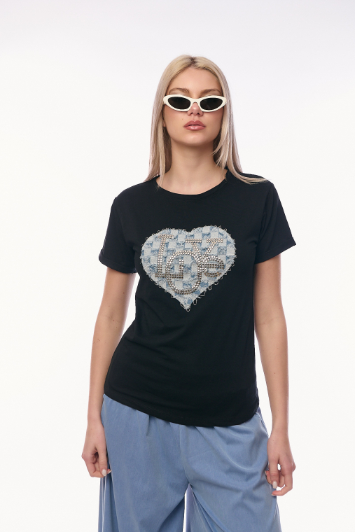 Γυναικείο Μαύρο T-shirt με Τζιν Καρδιά-4474B