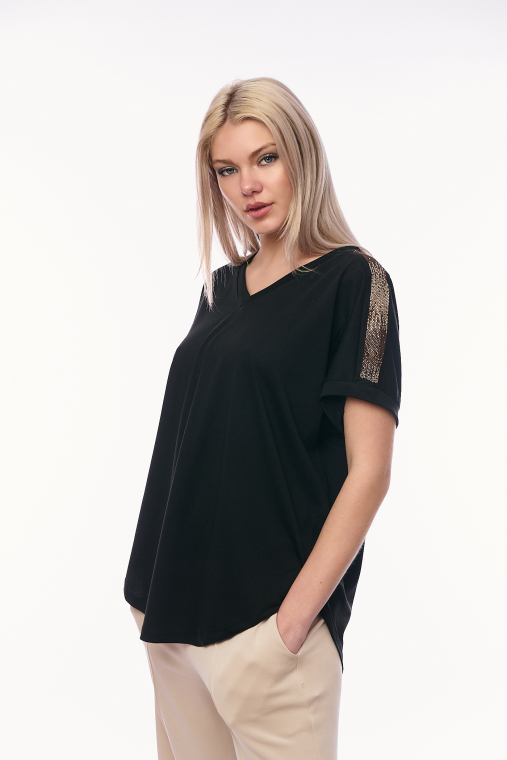 Γυναικείο T-shirt σε Μαύρο Χρώμα με V-λαιμόκοψη και Διακοσμητικές Τρέσες από Στρας στους Ώμους-4468M