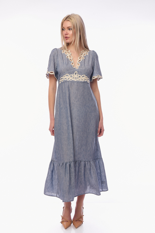 Midi Φόρεμα με Κεντητό Guipure Σχέδιο & Βολάν-78009