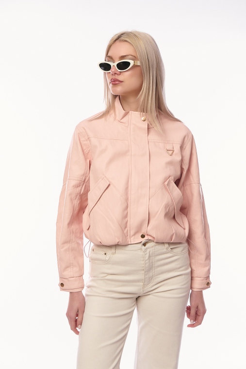 Γυναικείο Ροζ Bomber Jacket από Οικολογικό Δέρμα με Φερμουάρ, Τσέπες και Λάστιχο στη Μέση-S-5691G