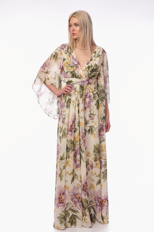 Maxi Floral Φόρεμα με V Λαιμόκοψη & Αέρινα Μανίκια-KOD1622