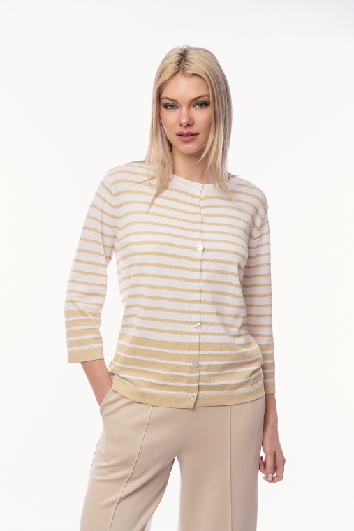 Γυναικεία Πλεκτή Ζακέτα Μαρινιέρα με Λεπτές Ρίγες και Διακριτική Λάμψη - Λευκό/Μπεζ-71530G