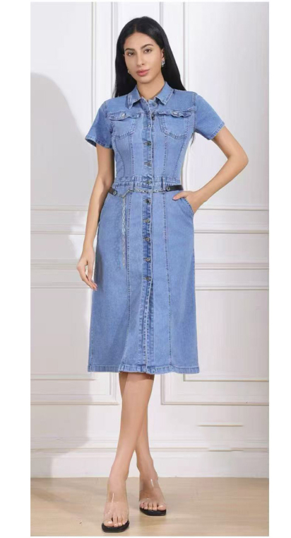 Midi Denim Φόρεμα με Κουμπιά & Διακοσμητική Αλυσίδα στη Μέση-MG7533/60