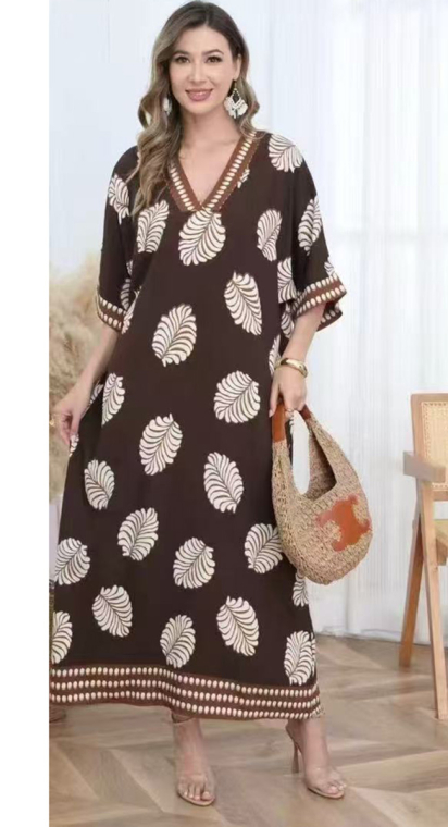 Maxi Boho Φόρεμα/Καφτάνι με Leaf Print & V Λαιμόκοψη-JS73