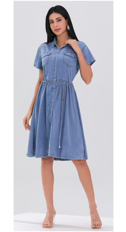 Denim Φόρεμα με Κοντό Μανίκι & Διακοσμητική Αλυσίδα στη Μέση-MG7535/60
