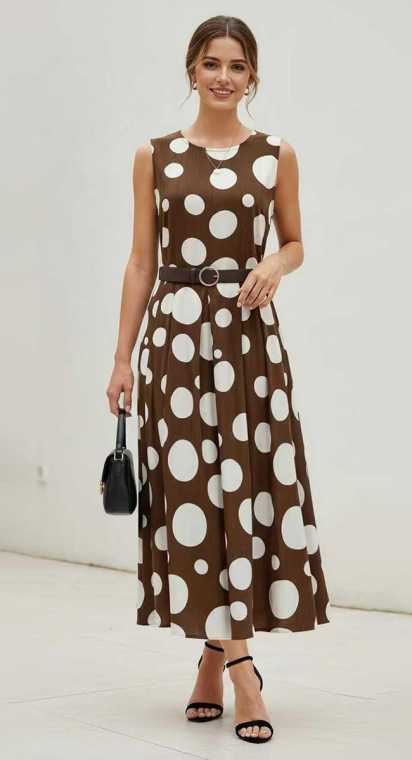 Midi Αμάνικο Πουά Φόρεμα με Ζώνη στη Μέση - Καφέ/Λευκό-FG-559