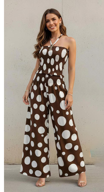 Σετ Δύο Τεμαχίων: Στράπλες Top με Σφηκοφωλιά & Παντελόνα με Πουά Σχέδιο-FG-562