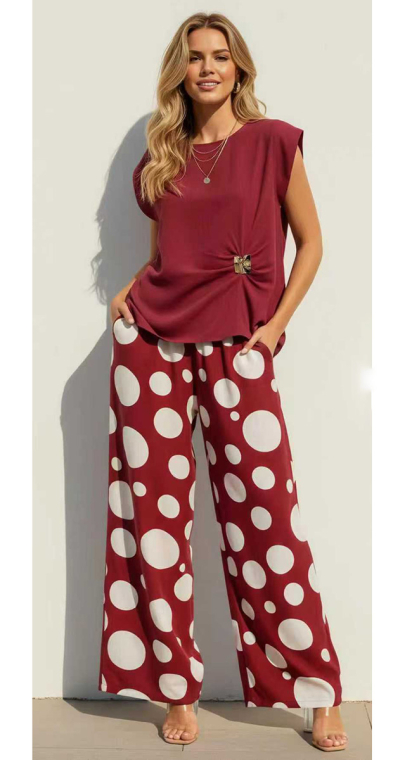 Σετ Top με Χρυσή Αγκράφα & Πουά Παντελόνα-FG-6201