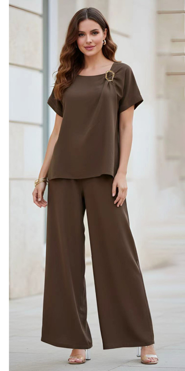 Σετ Top με Χρυσή Αγκράφα & Wide-Leg Παντελόνα - Καφέ-FG-6191