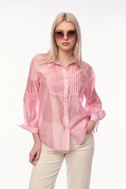 Γυναικείο Διάφανο Πουκάμισο σε Ροζ Χρώμα με Ανάγλυφα Κεντήματα στα Μανίκια και Λεπτομέρειες με Πιέτες-28541B