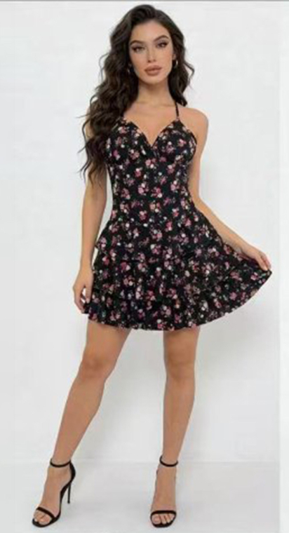 Γυναικείο Μίνι Φλοράλ Φόρεμα με Λεπτές Τιράντες, V Λαιμόκοψη και Βολάν-47095