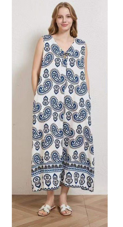 Γυναικείο Maxi Αμάνικο Φόρεμα με Paisley Μοτίβο και Κορδόνια-CD3065