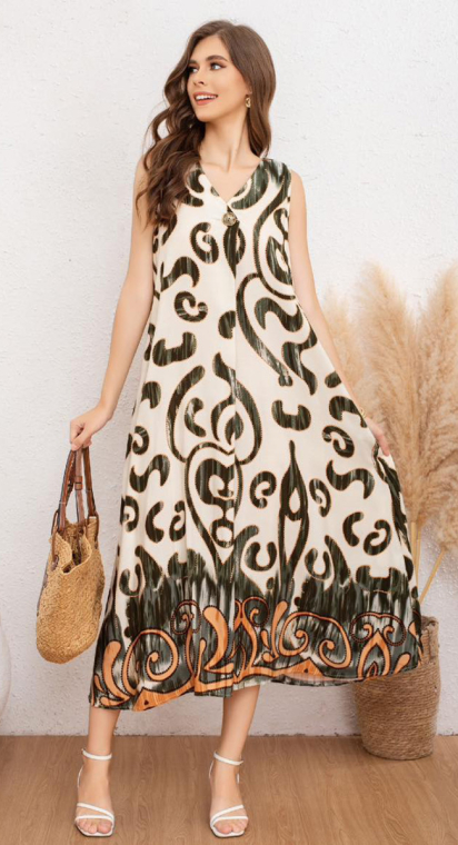 Γυναικείο Maxi Αμάνικο Φόρεμα με Ethnic Ikat Μοτίβο και Χρυσό Κουμπί-A26388