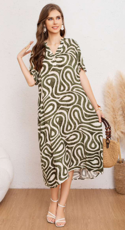 Γυναικείο Midi Αέρινο Φόρεμα με Ethnic Λαδί Σχέδια Paisley-A26510