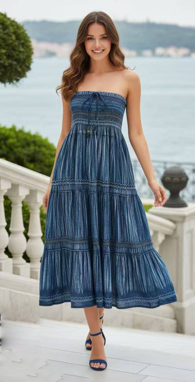 Γυναικείο Midi Φόρεμα με Μπλε Αφηρημένο Μοτίβο και Σφηκοφωλιά στο Στήθος-A051