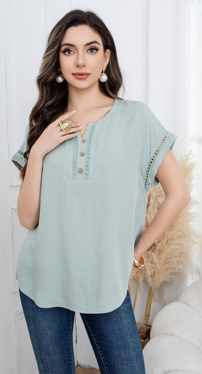 Λινή Μπλούζα με Δαντέλα & Ξύλινα Κουμπιά-A26381