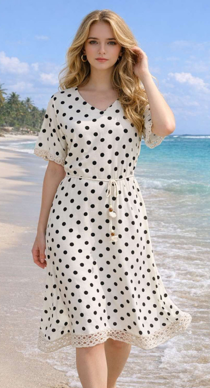 Midi Πουά Φόρεμα με Crochet Τελειώματα & Ζώνη-Σχοινί-JC8923