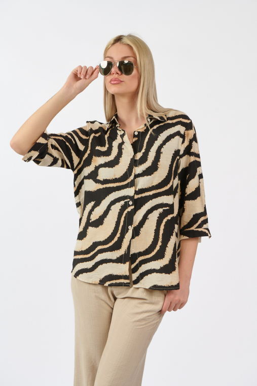 Γυναικείο Μπεζ Animal Print Πουκάμισο με Μανίκι 3/4-A309