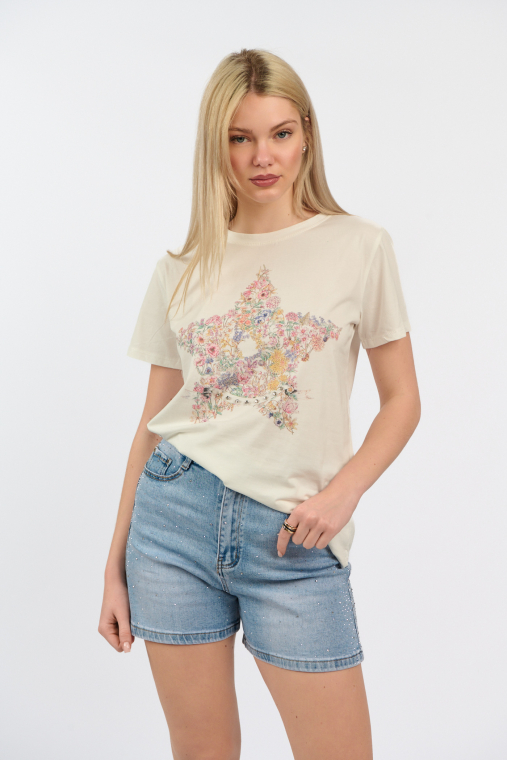 Γυναικείο Βαμβακερό T-Shirt με Φλοράλ Αστέρι και Λαμπερά Στρας-4494