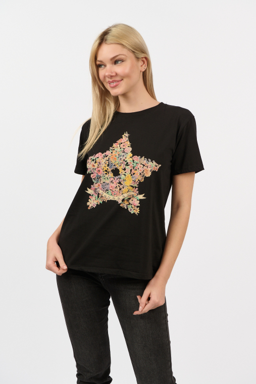 Γυναικείο Μαύρο T-Shirt με Στάμπα Αστέρι από Λουλούδια και Τρουκς-82566
