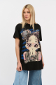 Γυναικείο Μαύρο T-Shirt με Pop Art Στάμπα Κορίτσι και Στρας-4520