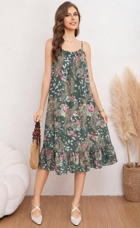 Midi Αέρινο Φόρεμα με Floral & Paisley Μοτίβο & Βολάν-A26588