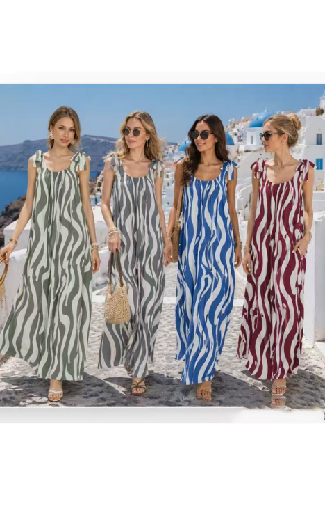 Maxi Αέρινο Φόρεμα με Zebra-Swirl Μοτίβο & Τιράντες που Δένουν-26830
