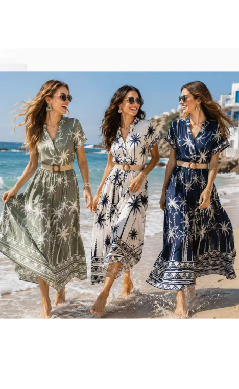 Maxi Αέρινο Φόρεμα με Μοτίβο Φοίνικες & Ψάθινη Ζώνη-26399